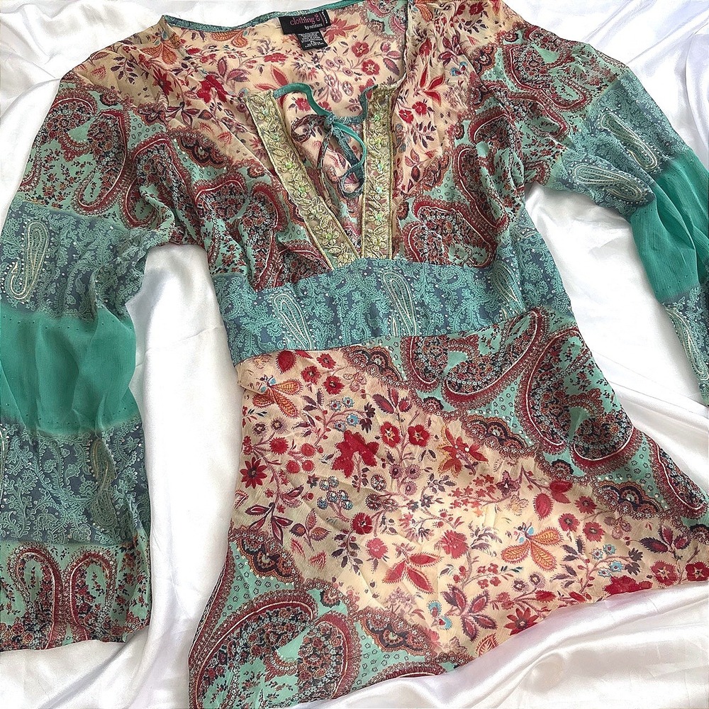 Clothing Co Notations Teal Paisley Floral Embroidered Sequin Sheer Tunic Top PL